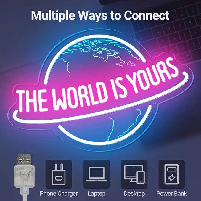 The World is Yours Neon Sign with Remote Dimmer, Ice Blue Pink Planet LED Neon Light Lamp for Wall Decor, Man Cave Home Bar Game Room Bedroom Birthday Gift Graduation Party