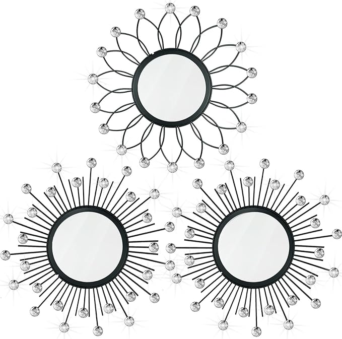 3 Pack Metal Mirrors for Wall Sunburst Wall Mirrors Home Décor Decorative Hanging Wall Art for Living Room Bedroom Entryway (Black Crystal, Flower+Sunburst)