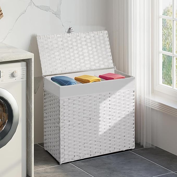 Greenstell Laundry Hamper with Lid, 125L Large Clothes Hamper with 3 Section & 2 Section Removable Liner Bags & 5 Mesh Laundry Bags, Handwoven Synthetic Rattan Divided Laundry Basket, White