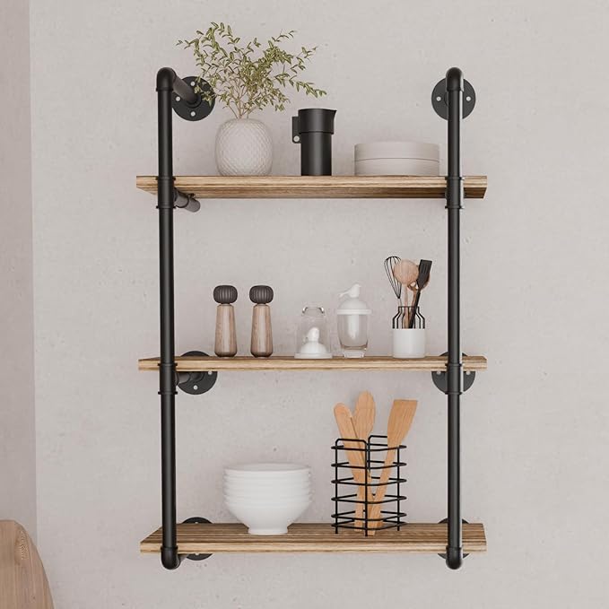 Industrial Pipe Shelf 24 inch,3 Tier Industrial Wall Shelves,Pipe Shelf with Wood Plank,Wall Mounted Bookshelf Shelving for Bathroom,Bedroom,Kitchen,Living Room