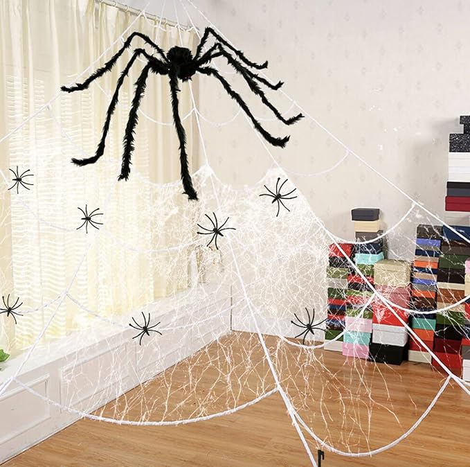Halloween Decoration Outdoor Spider Web Decor 16ft with Giant Spider and Stretchy Dense Spider Silk Rope and 2 Small Spiders Triangular Huge Spider Web for Yard Outside Indoor