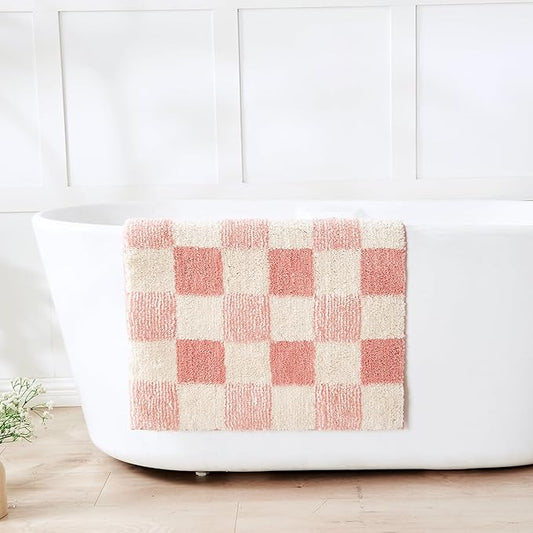 CozeCube Pink Checkered Bath mats Non Slip, Fluffy Absorbent Microfiber Runner Bath mat Washable, Aesthetic Bathroom Rugs, Long Bath mat for Bathroom Floor, 59"X24"