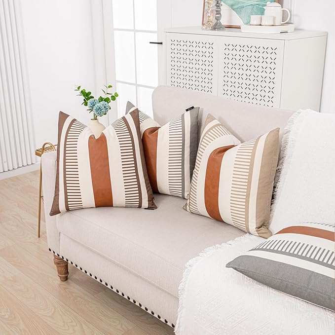 Farmhouse Stripe Pillow Cover 18x18 Boho Accent Cushion Case Faux Leather Decorative Pillowcase,Cocoa Brown and Beige (Cover ONLY, Pack of 2)