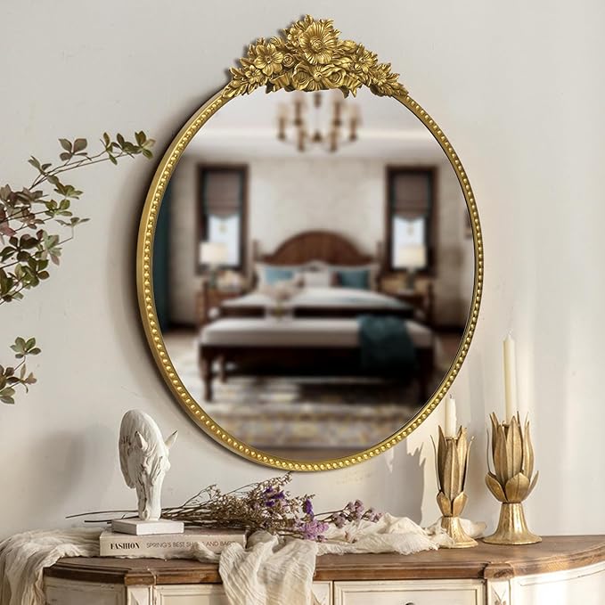 Round Baroque Style Antique 24" Metal Circle Vintage Mirror, Wall Mounted Decorative Mirror for Entryway,Bathroom,Vanity, Retro Gold