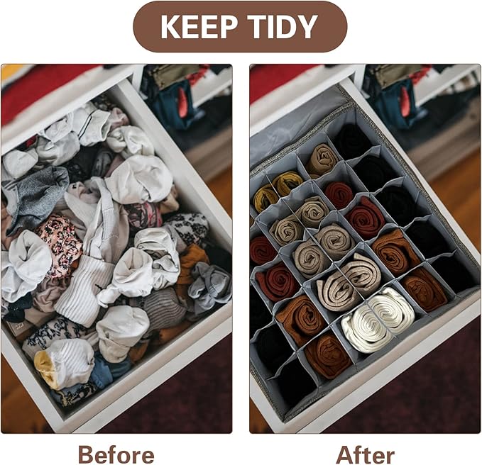 PINGMIC Gray Sock Organizer Divider 2 Pack with Lid - 30 Cell Foldable Closet Storage, Tie Organizer For Men Boxes for Socks, Ties, Belts 0