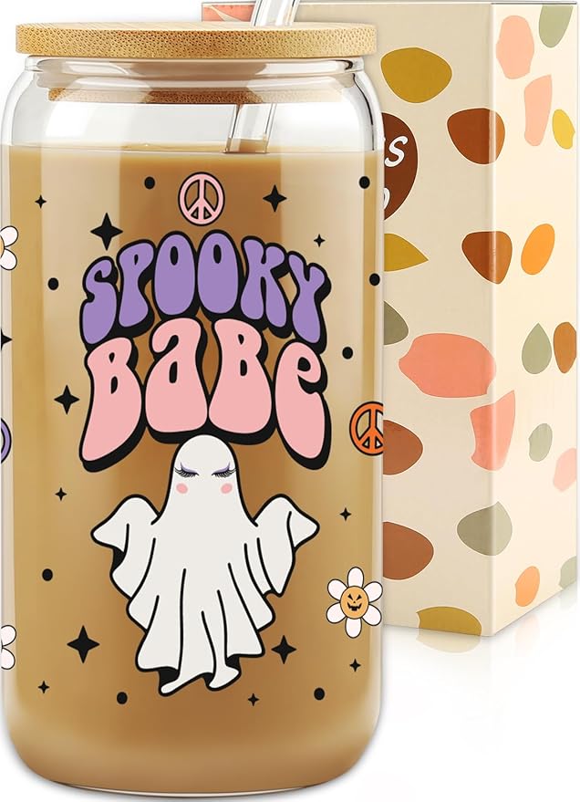Gift for Her, Halloween Sister Friend Gifts, Spooky Season Gift, Hallowmas Glass Can Cups, Stay Spooky GIced Coffee Mug, Fall Glass Cups, Halloween Gifts, Hallowmas Lover 16 OZ Cup with Lid and Straw