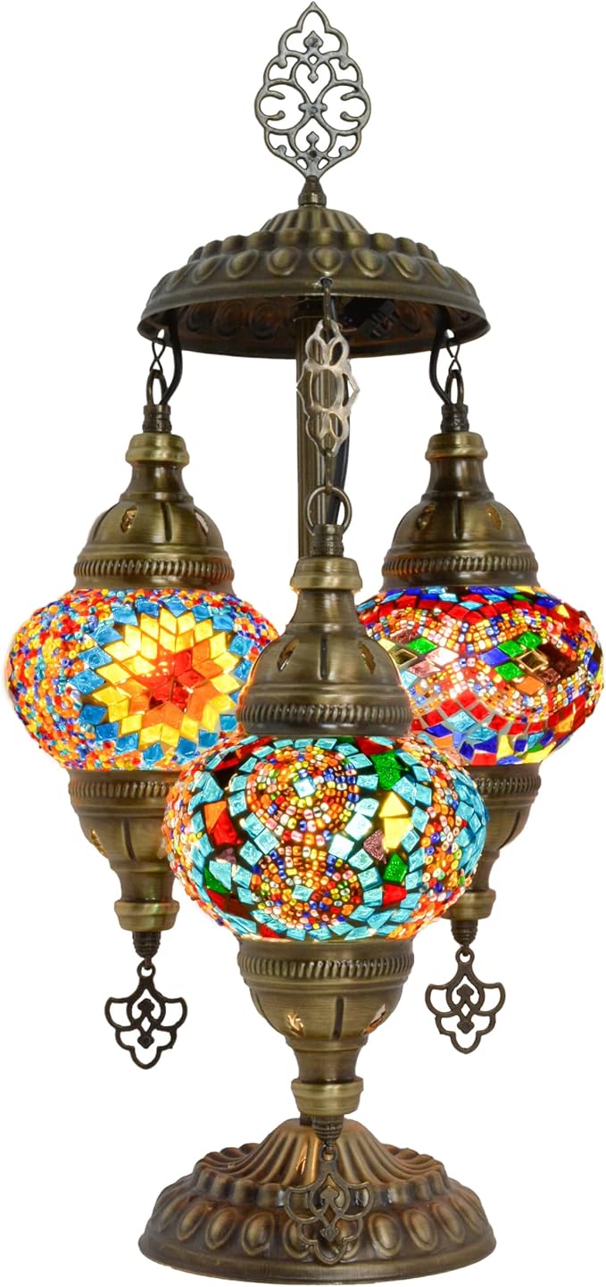 mozaist Tiffany Style Turkish Stained Glass Table Lamp, 3 Globe Mosaic Moroccan Desk Light, Bohemian Vintage Bedroom Nightstand, Antique Handmade Rustic Decor Colorful Lighting (Cappadocia Balloon)