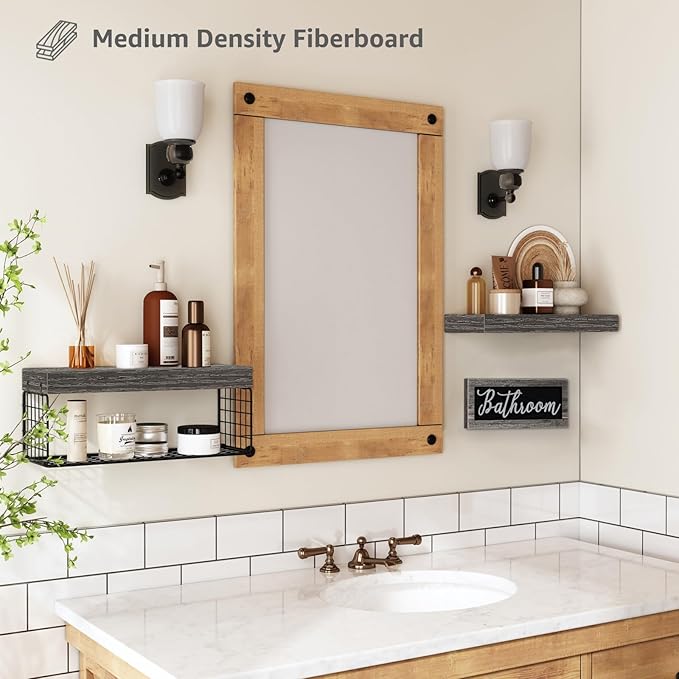 QEEIG Bathroom Shelves Over Toilet - Paper Storage Wall Mounted Farmhouse Decor Decorations Aesthetic Décor Sign Small Floating Shelf 2+1 Set 16 inch, Grey (020GY)