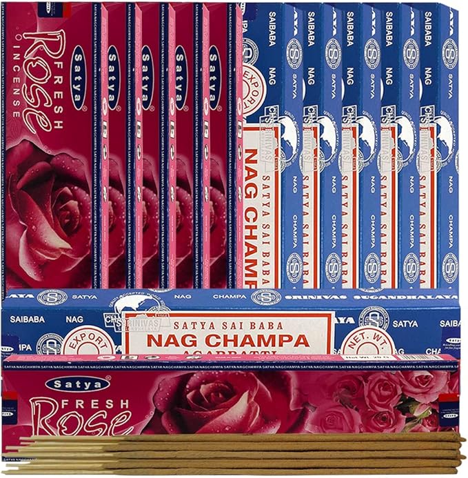 Nag Champa Incense Sticks and Fresh Rose Incense Sticks with Incense Holder Bundle for Home Fragrance and Spiritual Décor