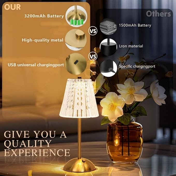 Crystal Table Lamp,5000mAh Rechargeable Cordless Lamp, Battery Operated Touch Light with 3 Color Modes, Dimmable Brightness, Modern Matte Aluminum Body for Bedroom, Bar, Outdoor Decor, Kitchen, Gift