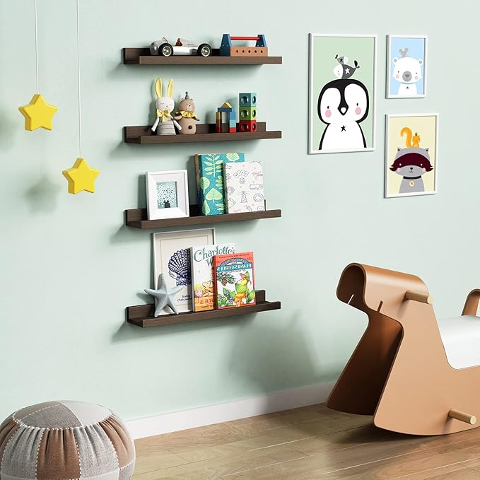 Forbena Rustic Picture Ledge Shelf Set of 4, Floating Picture Shelves for Wall with Lip, Wood Photo Ledge Shelves for Bedroom, Living Room, Office, Wall Decor (23.1 Inch Wide, Dark Brown)