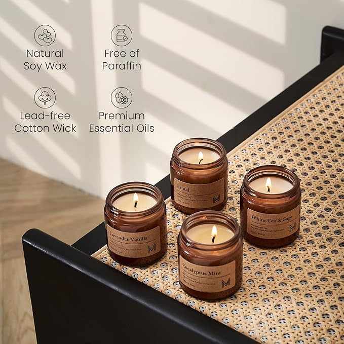 M&SENSE 4 Pack Candles Set for Home Scented Aromatherapy Candle Gift Set for Women Soy Wax Long Lasting Amber Jar Candles Gift for Birthday Housewarming Mother's Valentine Day