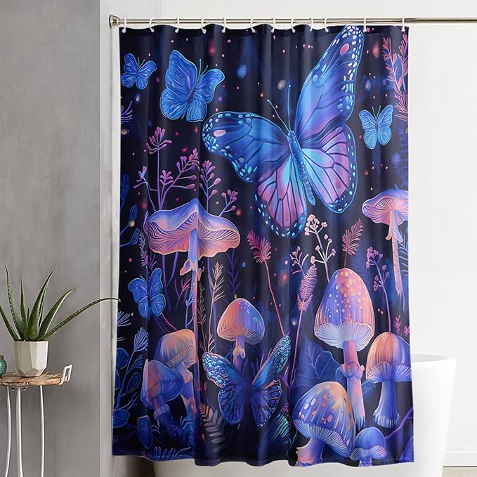 AILONEN Blue Butterfly Shower Curtain,Magic Mushroom Waterproof Fabric Bath Curtain for Kids Girl,Boho Style Shower Curtain Set for Bathroom,Natural Fungal Plant Shower Curtain with Hooks 36" W*72" H