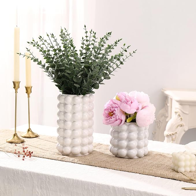 Bubble Vases, Set of 2 White Ceramic Vases, Short Vases, Ceramic Flower Vases, Unique Vases, Tall Bubble Vases for Coffe Table Decor, Decorative Vases for Living Room, Dining Table, Wedding