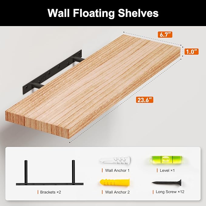 2 Packs Floating Shelves for Wall Storage Nursery Book Display Trinket Trophy Decorative Display Lack Living Room Bedroom Girl Dorm Decor Cute Mounted Shelf Wood Natural Thin Hanging Bookshelf 24 Inch