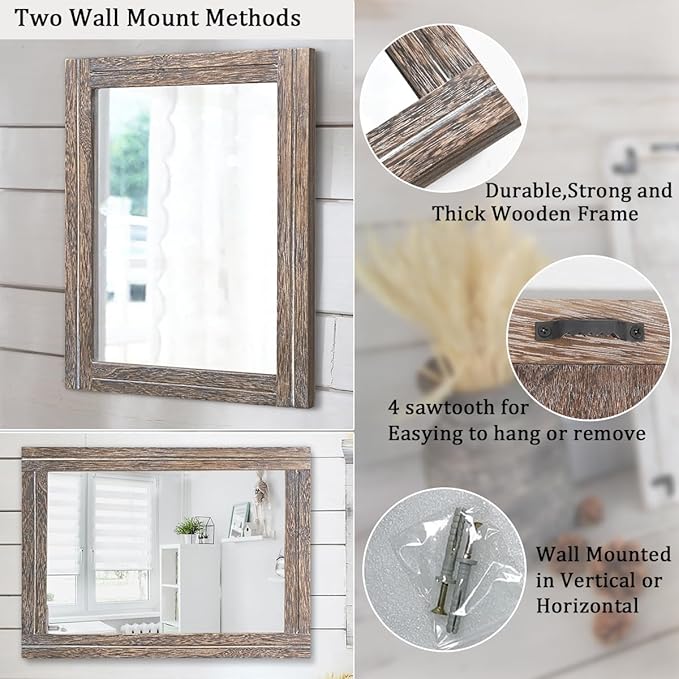 AAZZKANG Large Mirror with Wood Framed 28"x20" Rectangle Rustic Wall Mirror Decor for Bedroom Bathroom Living Room Entryway