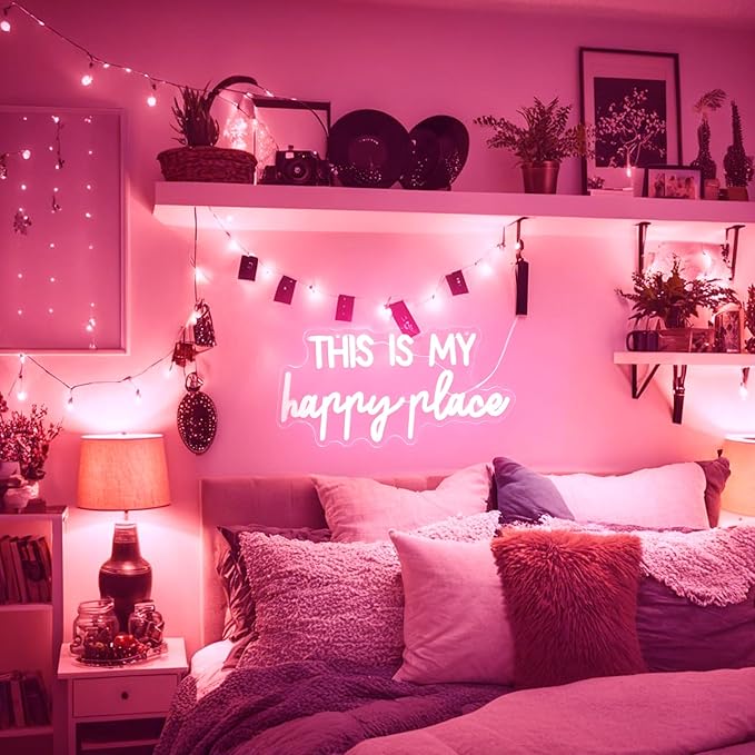 Neon Signs for Wall Decor - This Is My Happy Place Neon Signs for Teen Girls Bedroom Decor, Pink Led Neon Lights for Wall Decor, Nightstand Light, Dimmable Switch USB Power, Adhesive Hook Included
