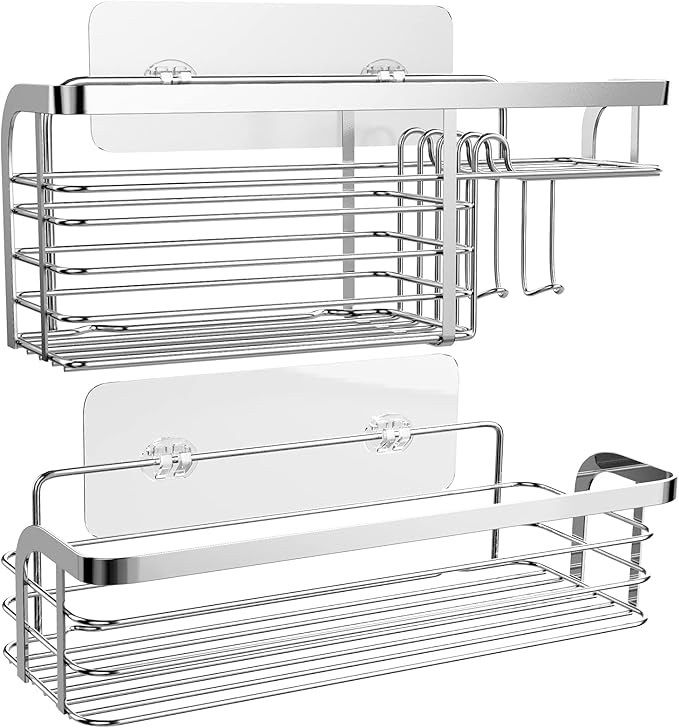 Adhesive Shower Caddy 2 Pack Shower Organizer Shelf, No Drilling Stainless Steel Bathroom Storage Rack for Inside Shower Shampoo Conditioner Holder,Silver (Shower Caddy Sliver)