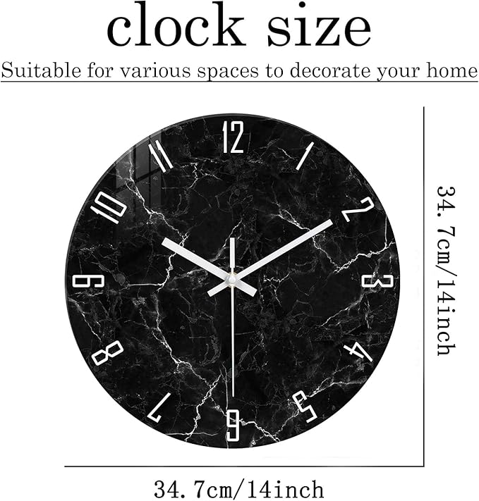 Black Wall Clock for Bedroom Glass Modren Wall Clock Battery Operated 14 Inch Analog Wall Clock Non Ticking