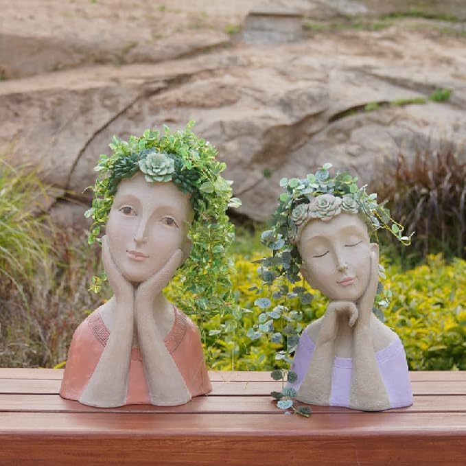 Head-Planter - Face Flower Pot - Succulent Planters - Drainage Hole - Garden Statue Flower Pots Cactus Resin Planter with Drainage Hole Garden Yard Farmhouse Décor 9.25*7*13.5 inch Newman House Studio