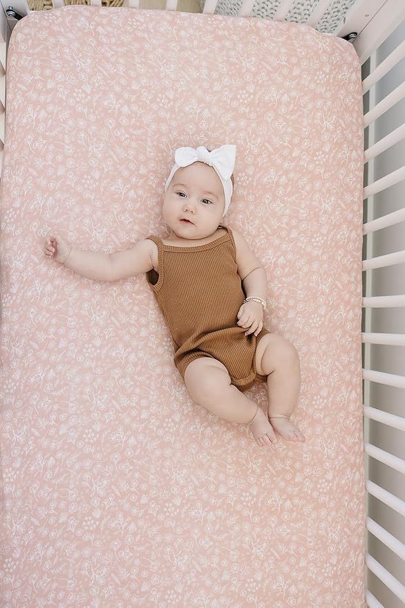 Wildflower Muslin Crib Sheet by Mebie Baby, Soft and Breathable Bed Sheets for Babies, Modern Neutral Bedding for Cribs, Standard Crib Mattress Fitted Sheet, Great for Boy or Girl Room or Nursery