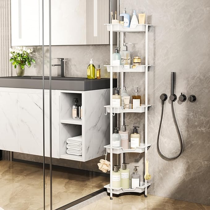SWTYMIKI Corner Shower Caddy Standing - 5 Tier Floor Standing Shower Organizer with 4 Hooks, Plastic & Stainless Steel Waterproof Corner Stand Shower Shelf Storage Rack for Bathroom, Bathtub, White