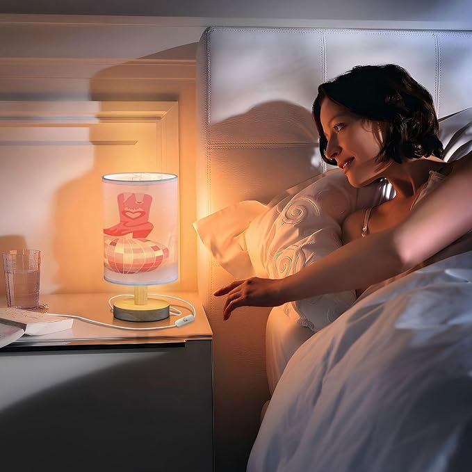 VIGTRO Table Lamp with USB Pink Cowgirl Boots with Disco Ball Bedroom Nightstand Lamps, Retro Wood Base LED Desk Light for Living Room, Office