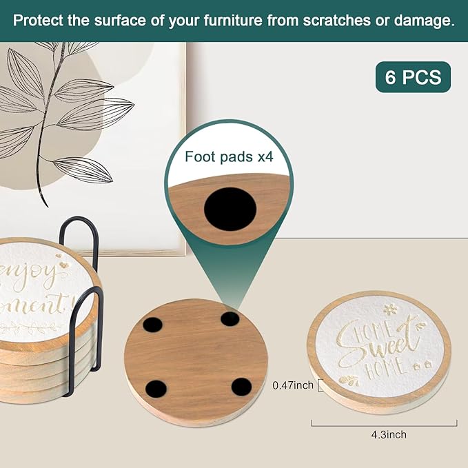 Wood Coasters for Drinks - Housewarming Gifts for Home Decoration - Set of 6 Absorbent With Holder - Funny Coffee Tabletop Protection - 4.3 Inch White