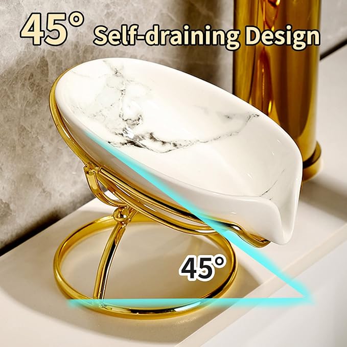 Leaf-Shaped Ceramic Soap Dish with Drain, Holder, Saver, Tray, Bar Soap Holder, Easy Cleaning, for Shower Bathroom Kitchen Sink Bathtub, Pro-Environment White