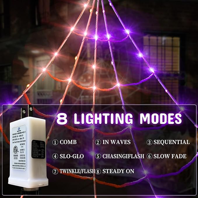 5Ft Giant Lighting Halloween Spider 20 * 17FT Spider Web 250 Led Lights Light Up Purple&Orange Triangular Battery Operated 200sqft Cobweb 20 Small Spiders for Indoor and Outdoor Decor Decoration