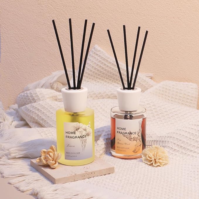 Reed Diffuser - Linen&Sea Guaiac Wood 4.06oz (120ml) 2 Packs Essential Oil Reed Diffuser Set with 16 Sticks, Long Lasting Fragrance for Home, Bathroom, Bedroom, Room, Decor