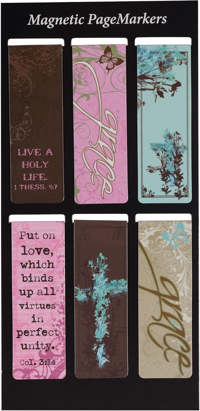Christian Art Gifts Magnetic Scripture Bookmark Set for Women & Girls with Bible Verse: Grace - Vintage Floral Themed Inspirational Magnetic Pagemarkers Set of 6 for Bibles and Books, Size 2.3” x 0.8”