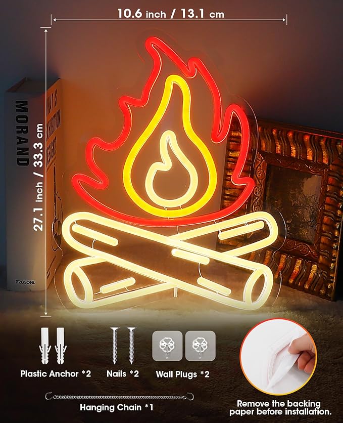 Happy Camper Campfire Neon Signs for Wall Decor - Camper Decor with 9-Level Brightness Adjustment, USB Powered Flame Neon Lights for Camping, RV, Trailer and Indoor Fire Decoration