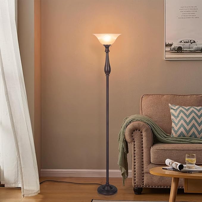 Torchiere Floor Lamp for Living Room, Standing Lamp with Glass Shade, Iron Brushed Nickel Floor Lamps, Corner Lamps for Bedroom, Office, Reading (Dark Brown)