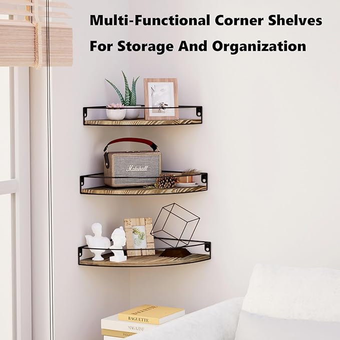 Corner Shelf Wall Mounted, Corner Floating Shelves for Wall, Wood Storage with Cable Hole for Kitchen Living Room Bedroom Bathroom, Dark Brown Set of 3