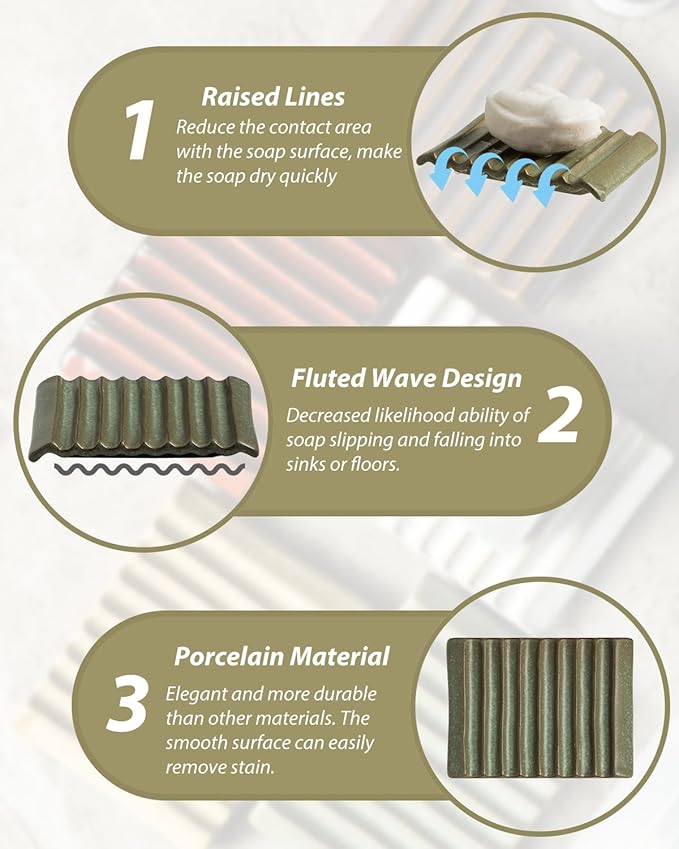 Soap Holder Soap Dish, Ceramic Soap Saver Bar Soap Tray Non-Slip Bathroom Accessories for Soap, Sponges, Scrubber, Razor, Green