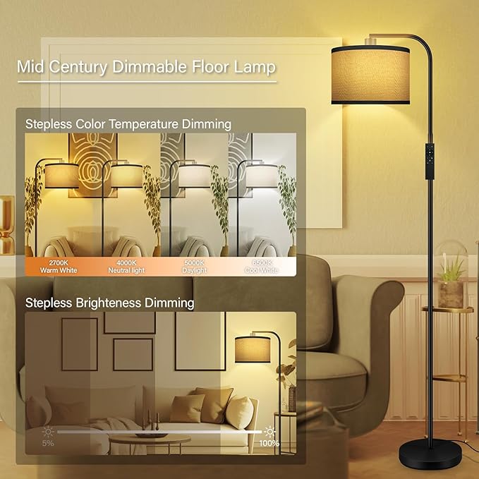 BoostArea Dimmable Floor Lamp for Living Room,Arc Sofa Lamps with Remote,Stepless Dimmable & Colors Temperature 2700k-6500k,67 in,Tall Flexible Head Standing Lamp for Bedroom Study Room Office,Jute