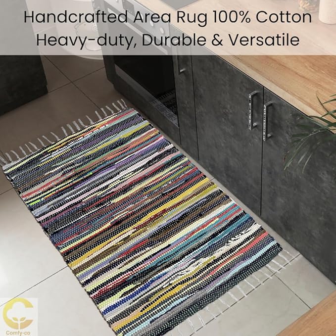 Cotton Chindi Rug with Fringes - Handcrafted Area Rag - Reversible Floor Rug for Bedroom, Living Room, Kitchen, Dorm, Entryway, Hallway - 2x3 ft (24x36 inch) Multi Colored