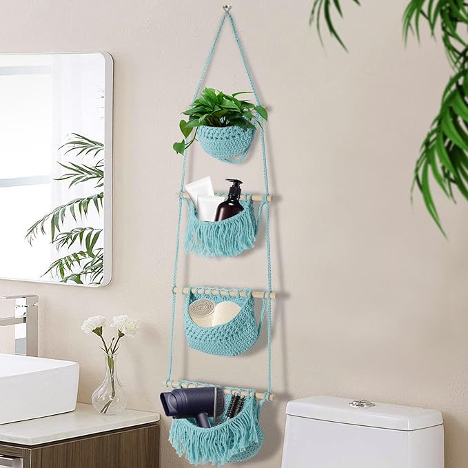 4 Tier Hanging Fruit Basket for Kitchen, Aqua Boho Cotton Rope Crocheted Fruit Holder for Bathroom Bedroom, Detachable Wall Hanging Basket Shelves Over Door Organizer for Fruit Veggie Plant Decor