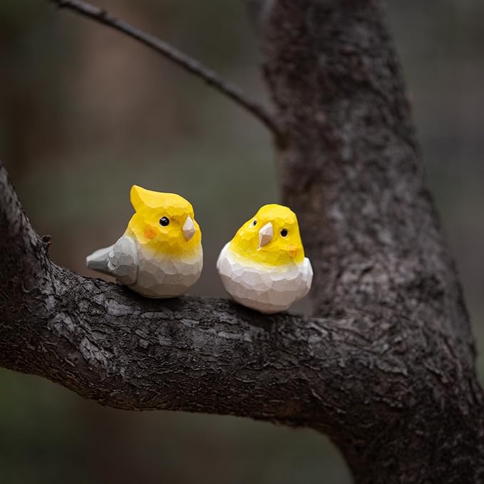 1 Pair Handmade Wooden Cockatiel Figurines β 1.8" Carved Parrot Sculptures, Cute Nymphicus Hollandicus Bird Decor for Shelf, Desk, Gift, or Home Display