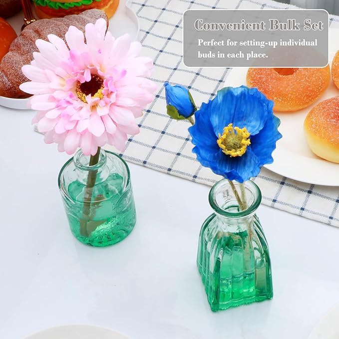 Mapoxy Glass Bud Vases Set of 4,Small Green Flower Vases for Wedding Centerpiece Table Decorations,Clear Vintage Embossed Mini Vases,Flower Arrangements in Vases for Party or Home Decor