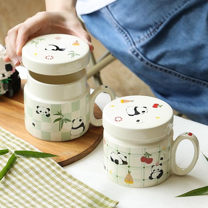 Ceramic Coffee Mug with Lid and Handle 380ml/12.85oz, Cute Cartoon Panda Design, Exquisite and Novelty Gift (Panda with Bamboo)