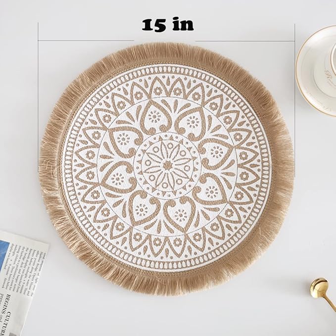 Kitchen Table Placemats Set of 6 with,Round HandmadeWoven Fringe Placemat,for Dining Room, Kitchen, Place Mats for Parties,Use-Size 13×13 Inches