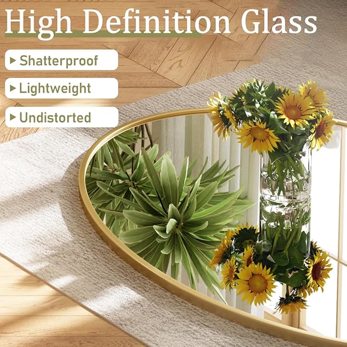 Gold Oval Bathroom Mirror, 26 x 38 inch Modern Oval Wall Mounted Vanity Mirror with Tempered Glass Hanging Horizontally or Vertically, Gold