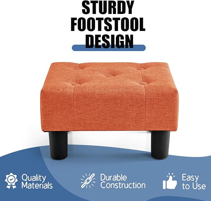 BRIAN & DANY Small Foot Stool, Linen Foot Stools with Legs, Stable Small Footstool for Living Room, Orange