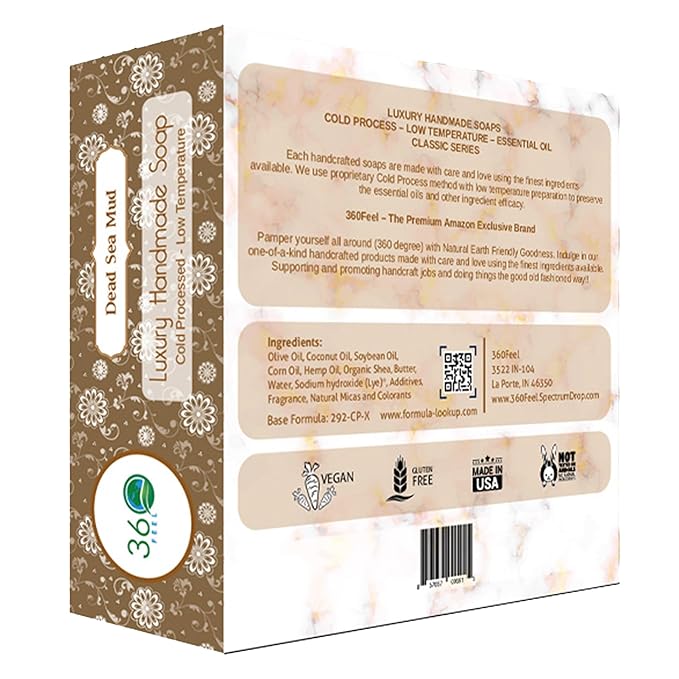 360Feel Dead Sea Mud Soap - Handcrafted Castile Soap Bar with Soothing Scent - Handmade with Essential Oil - Suitable Gift for Anniversaries, Weddings, and Holiday Stockings - Rich Lather