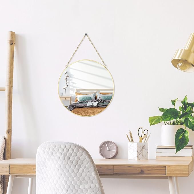 LONGWIN Hanging Wall Circle Mirror Decor Gold Geometric Mirror with Chain for Bathroom Bedroom Living Room 9.8"