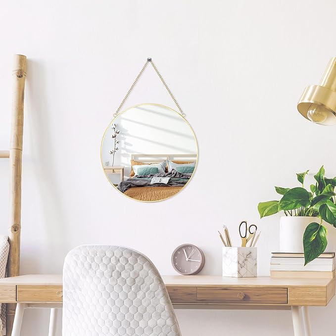 LONGWIN Hanging Wall Circle Mirror Decor Gold Geometric Mirror with Chain for Bathroom Bedroom Living Room 11.8"