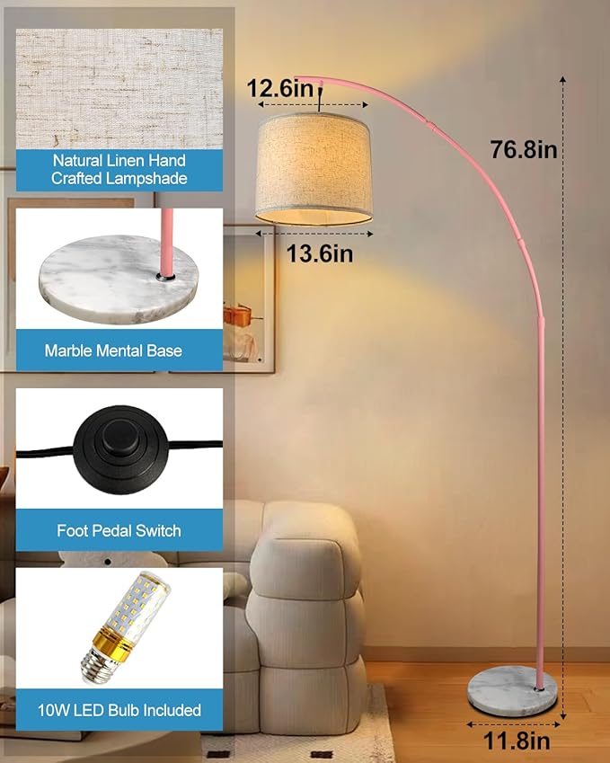 Lightdot Arc Floor Lamps for Living Room, Modern Standing Lamp with Hanging Drum Shade, Tall Standing Floor Lamp with Foot Switch, Over Couch Arched Reading Light for Bedroom, Office (Pink)