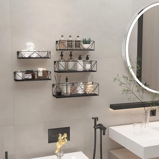CRUGLA Black Floating Shelves Wall Mounted Set of 5, Hanging Storage Wall Shelf for Bathroom, Bedroom, Living Room, Kitchen